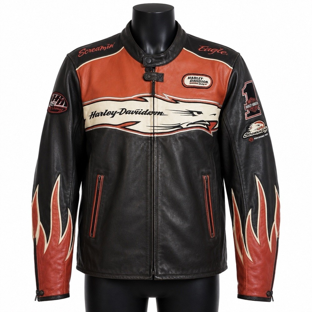Harley Davidson Screamin Eagle Leather Racing Jacket Mens 3XL Flames Biker Y2K